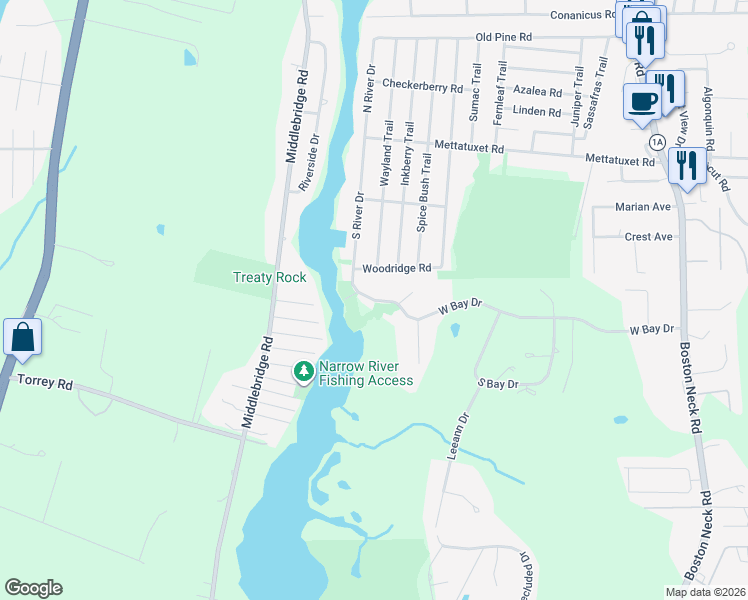 map of restaurants, bars, coffee shops, grocery stores, and more near 127 West Bay Drive in Narragansett