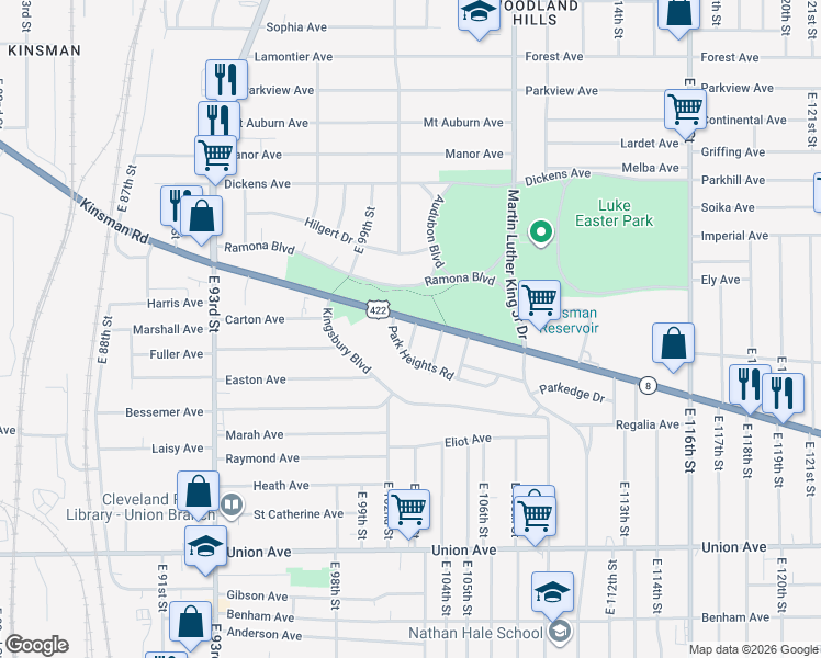 map of restaurants, bars, coffee shops, grocery stores, and more near 10210 Kinsman Road in Cleveland