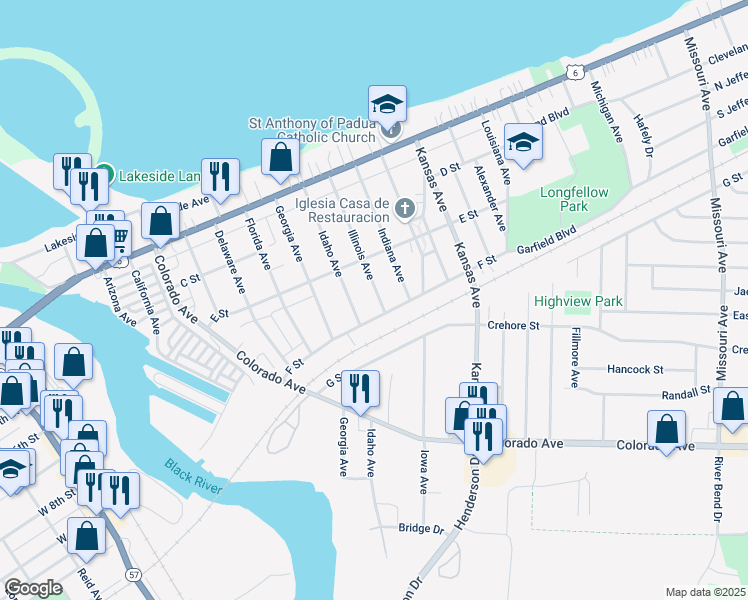 map of restaurants, bars, coffee shops, grocery stores, and more near 436 Illinois Avenue in Lorain