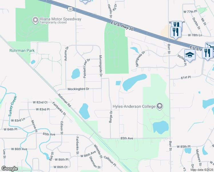 map of restaurants, bars, coffee shops, grocery stores, and more near 2821 Morningside Drive in Crown Point