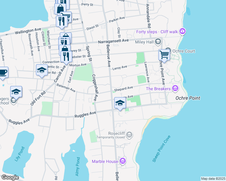 map of restaurants, bars, coffee shops, grocery stores, and more near 2 Shepard Avenue in Newport