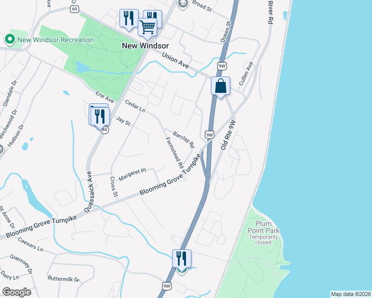 map of restaurants, bars, coffee shops, grocery stores, and more near 15 Barclay Road in New Windsor