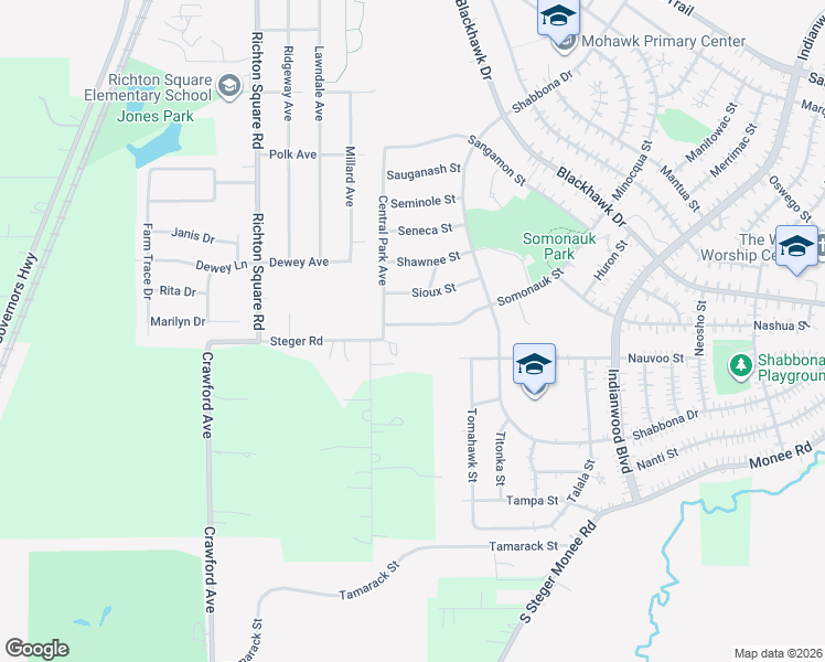 map of restaurants, bars, coffee shops, grocery stores, and more near 327 Somonauk Street in Park Forest