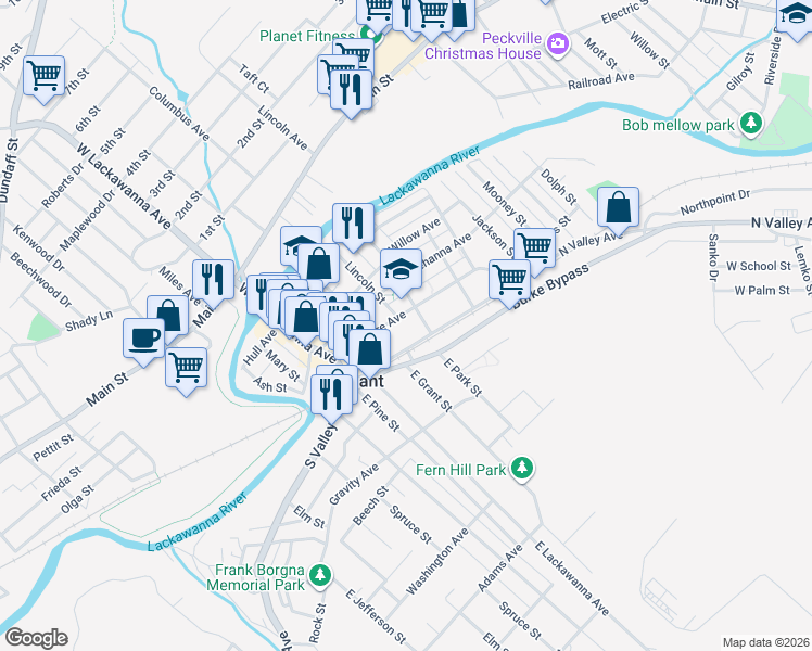 map of restaurants, bars, coffee shops, grocery stores, and more near 400 Church Street in Olyphant