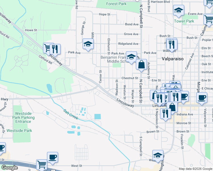 map of restaurants, bars, coffee shops, grocery stores, and more near 208 Elmhurst Street in Valparaiso