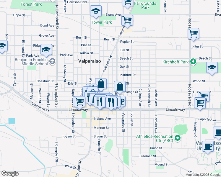 map of restaurants, bars, coffee shops, grocery stores, and more near 204 Michigan Avenue in Valparaiso