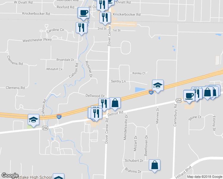 map of restaurants, bars, coffee shops, grocery stores, and more near 1183 Dover Center Road in Westlake