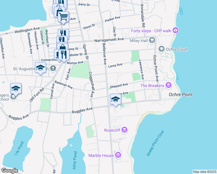 map of restaurants, bars, coffee shops, grocery stores, and more near 479 Bellevue Avenue in Newport