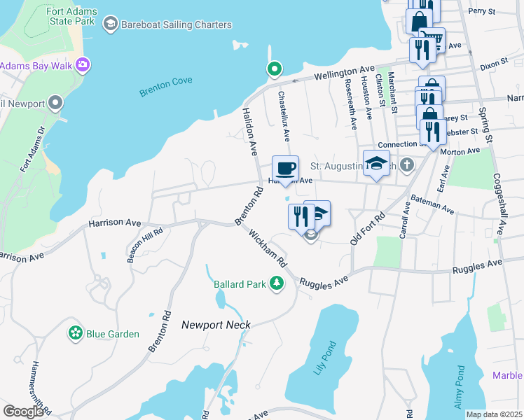 map of restaurants, bars, coffee shops, grocery stores, and more near 70 Harrison Avenue in Newport