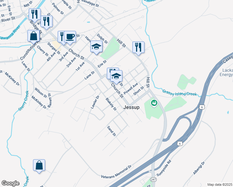 map of restaurants, bars, coffee shops, grocery stores, and more near 905 Church Street in Jessup