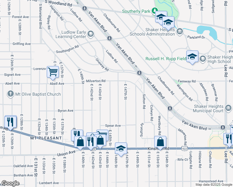 map of restaurants, bars, coffee shops, grocery stores, and more near 3277 East 145th Street in Cleveland