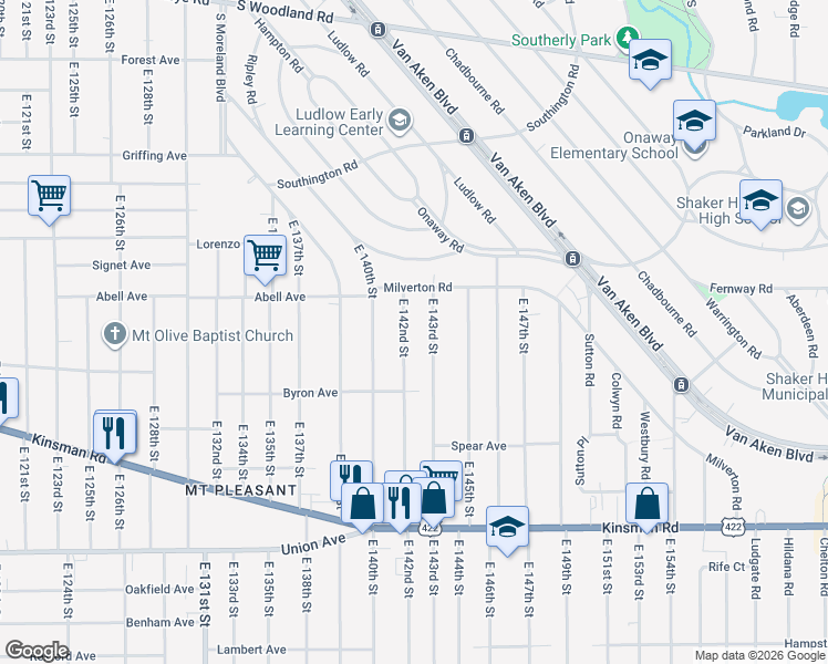 map of restaurants, bars, coffee shops, grocery stores, and more near 3271 East 142nd Street in Cleveland