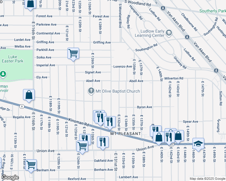 map of restaurants, bars, coffee shops, grocery stores, and more near 3254 East 132nd Street in Cleveland