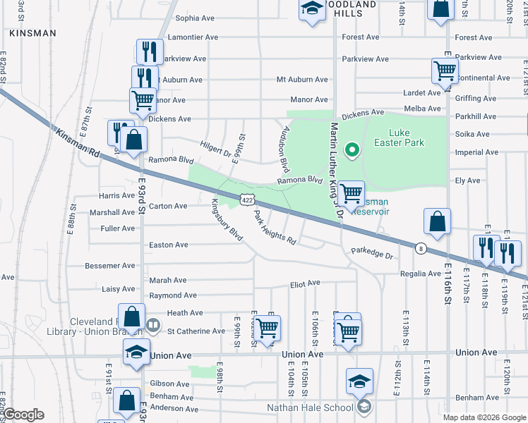 map of restaurants, bars, coffee shops, grocery stores, and more near 10210 Kinsman Road in Cleveland