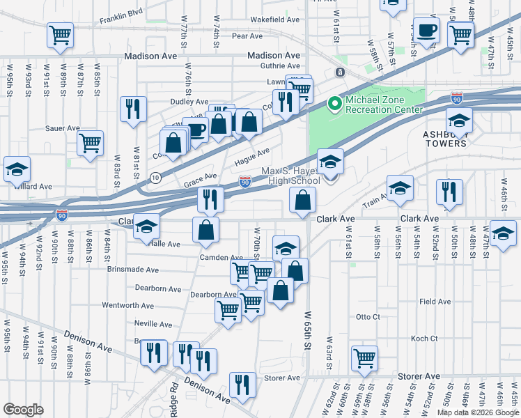 map of restaurants, bars, coffee shops, grocery stores, and more near 6911 Hope Avenue in Cleveland