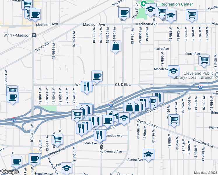 map of restaurants, bars, coffee shops, grocery stores, and more near 2235 West 104th Street in Cleveland