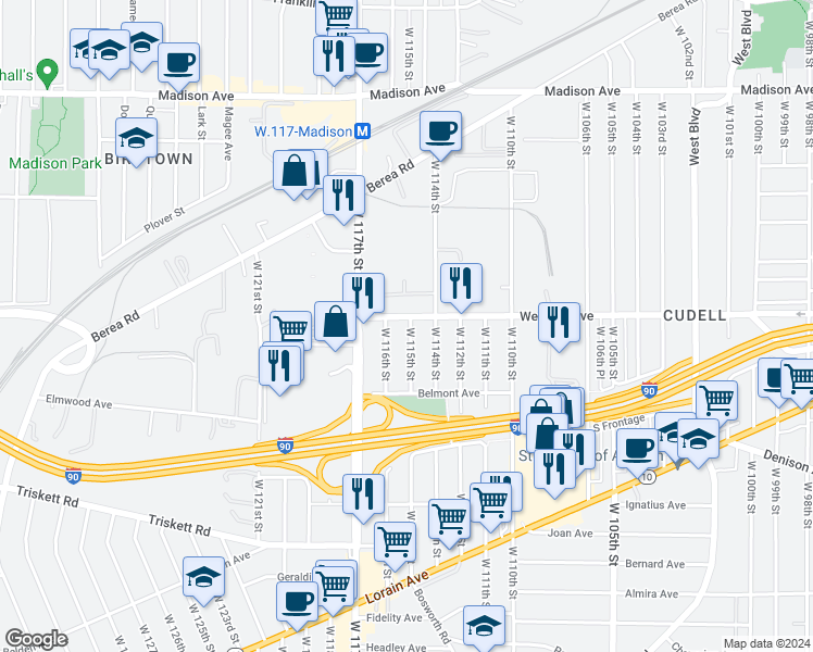 map of restaurants, bars, coffee shops, grocery stores, and more near 11421 Western Avenue in Cleveland