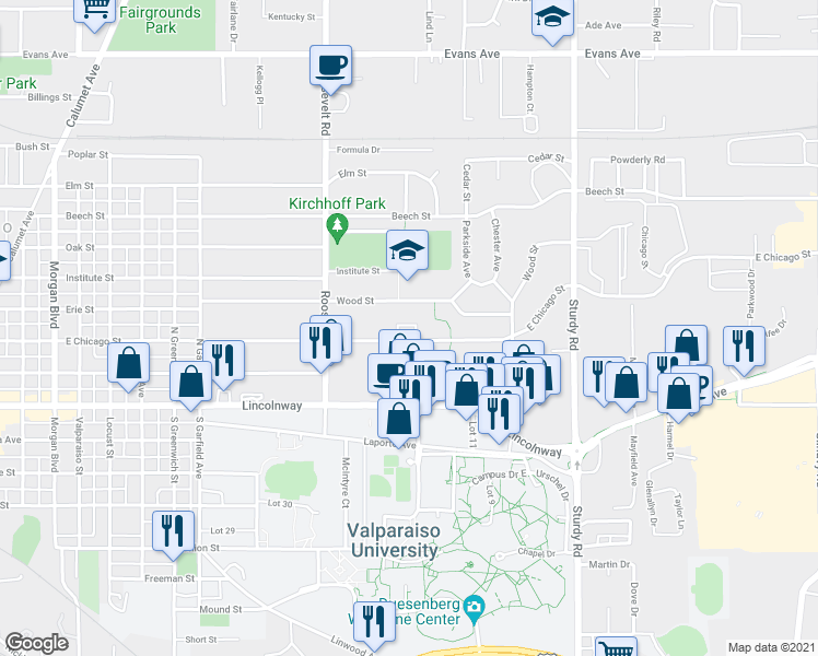 map of restaurants, bars, coffee shops, grocery stores, and more near 1402 Wood Street in Valparaiso