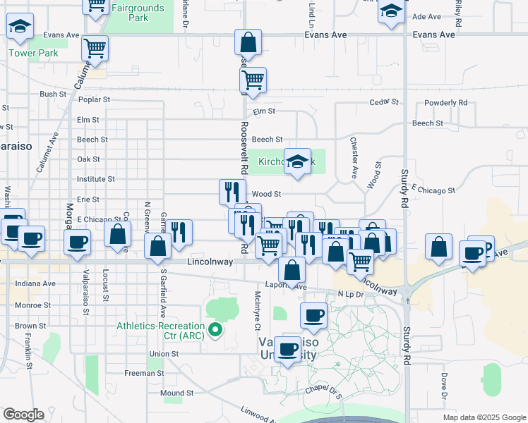 map of restaurants, bars, coffee shops, grocery stores, and more near 1302 Wood Street in Valparaiso