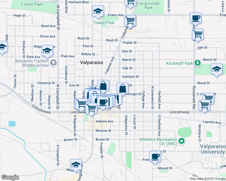 map of restaurants, bars, coffee shops, grocery stores, and more near 207 Michigan Avenue in Valparaiso