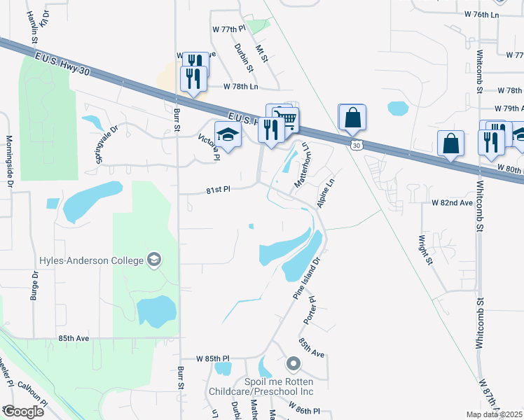map of restaurants, bars, coffee shops, grocery stores, and more near 8145 Mount Court in Crown Point