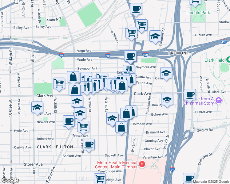 map of restaurants, bars, coffee shops, grocery stores, and more near 3044 West 30th Street in Cleveland