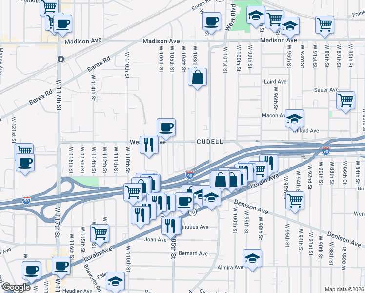 map of restaurants, bars, coffee shops, grocery stores, and more near 2235 West 104th Street in Cleveland