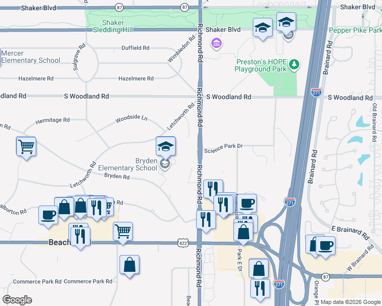 map of restaurants, bars, coffee shops, grocery stores, and more near 3094 Richmond Road in Beachwood