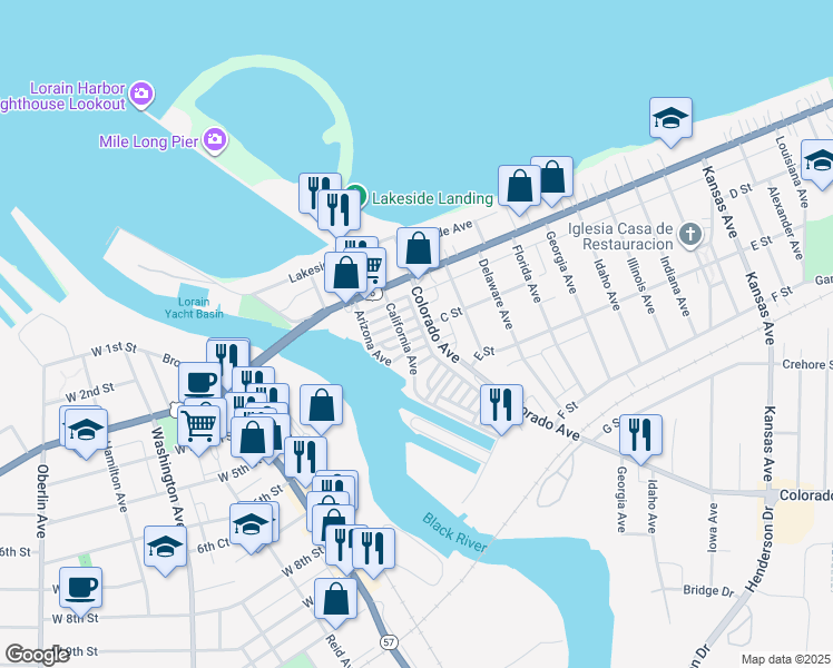 map of restaurants, bars, coffee shops, grocery stores, and more near 420 Driftwood Drive in Lorain