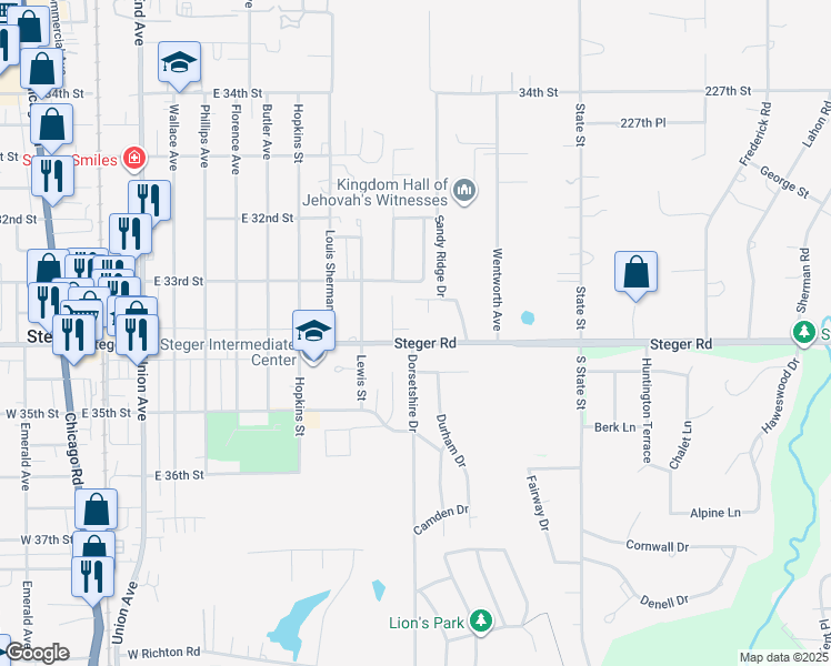 map of restaurants, bars, coffee shops, grocery stores, and more near 17 Sunset Court in Steger