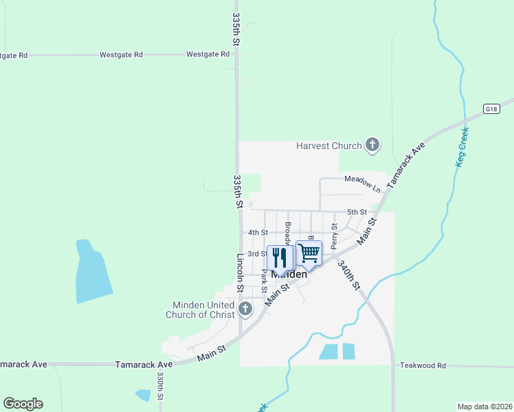 map of restaurants, bars, coffee shops, grocery stores, and more near 31565 335th Street in Minden