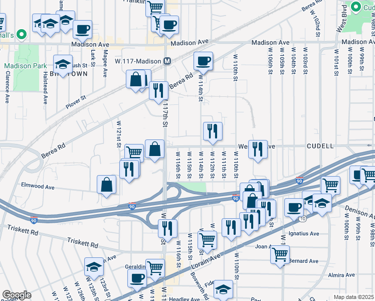 map of restaurants, bars, coffee shops, grocery stores, and more near 11421 Western Avenue in Cleveland