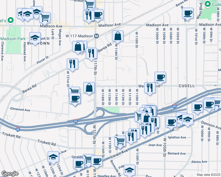 map of restaurants, bars, coffee shops, grocery stores, and more near 11421 Western Avenue in Cleveland