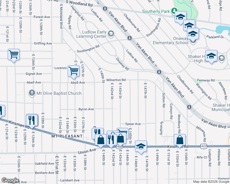 map of restaurants, bars, coffee shops, grocery stores, and more near 3271 East 142nd Street in Cleveland