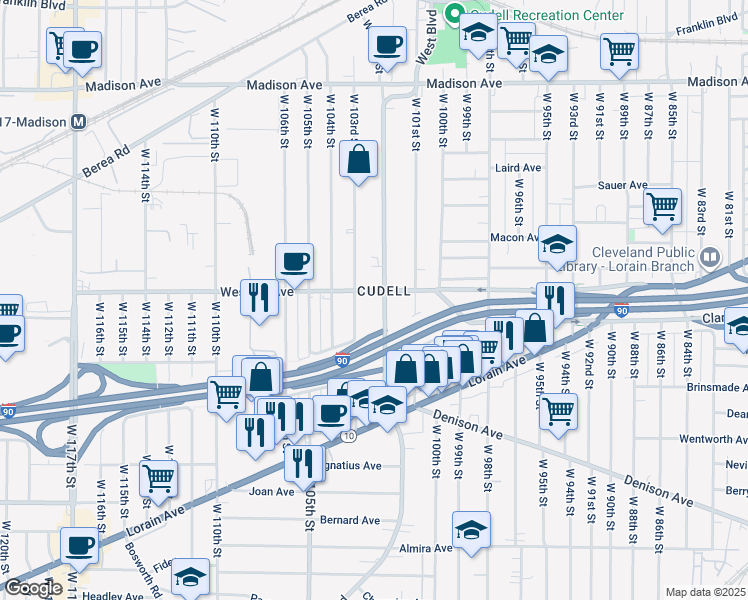 map of restaurants, bars, coffee shops, grocery stores, and more near 3028 West Boulevard in Cleveland