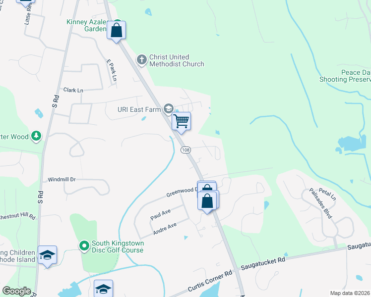 map of restaurants, bars, coffee shops, grocery stores, and more near Rhode Island Route 108 & Rolens Dr in South Kingstown
