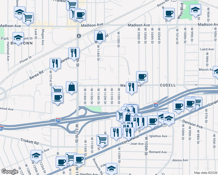 map of restaurants, bars, coffee shops, grocery stores, and more near 11011 Western Avenue in Cleveland