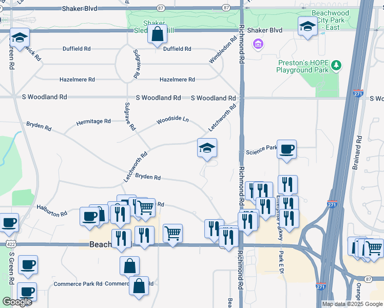 map of restaurants, bars, coffee shops, grocery stores, and more near 25102 Letchworth Road in Beachwood