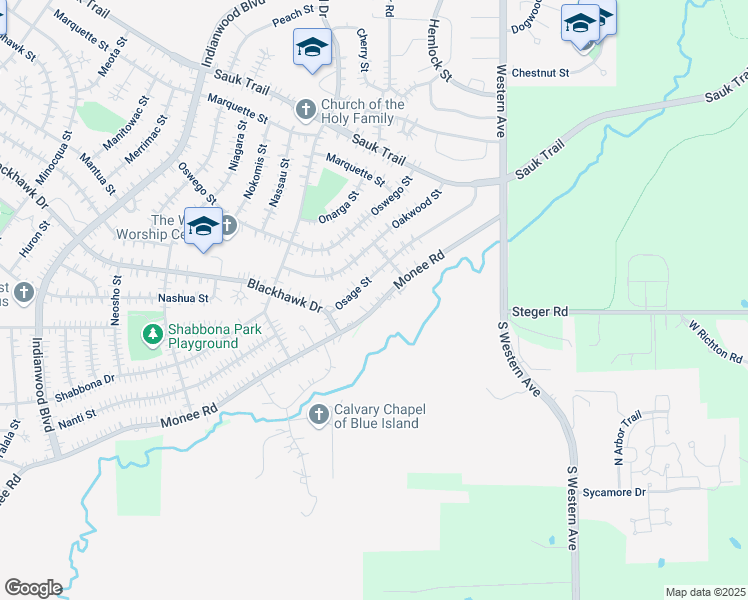 map of restaurants, bars, coffee shops, grocery stores, and more near 54 Monee Road in Park Forest