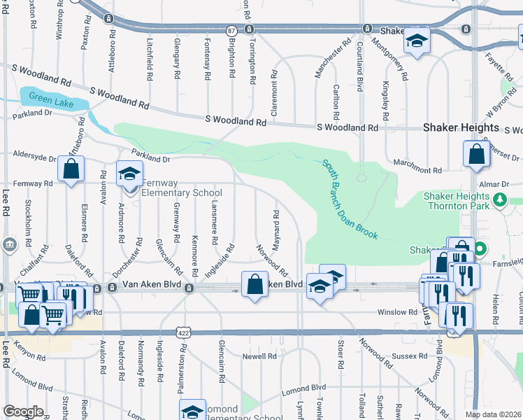 map of restaurants, bars, coffee shops, grocery stores, and more near 18534 Parkland Drive in Shaker Heights