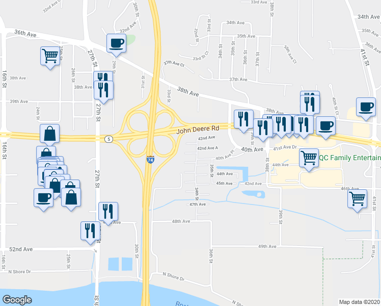 map of restaurants, bars, coffee shops, grocery stores, and more near 3339 43rd Avenue in Moline