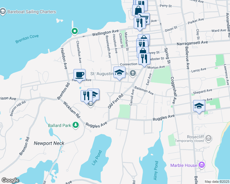 map of restaurants, bars, coffee shops, grocery stores, and more near in Newport