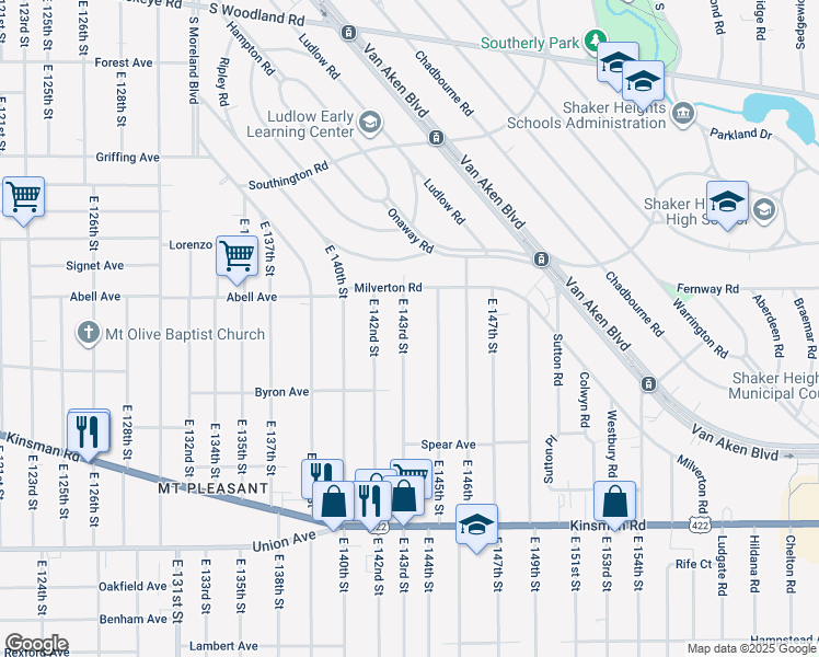 map of restaurants, bars, coffee shops, grocery stores, and more near 3277 East 143rd Street in Cleveland