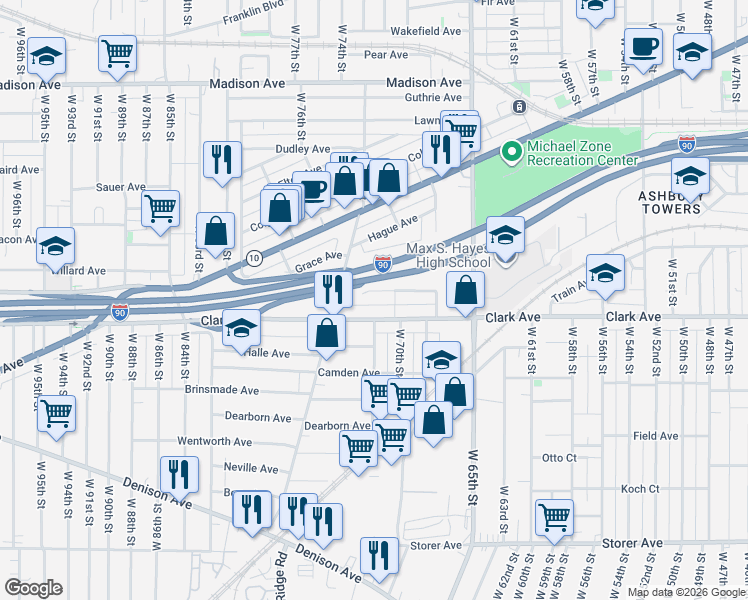 map of restaurants, bars, coffee shops, grocery stores, and more near 7109 Hope Avenue in Cleveland