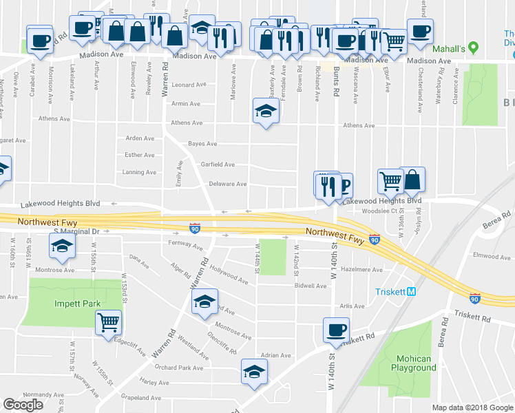 map of restaurants, bars, coffee shops, grocery stores, and more near 2241 Lincoln Avenue in Lakewood