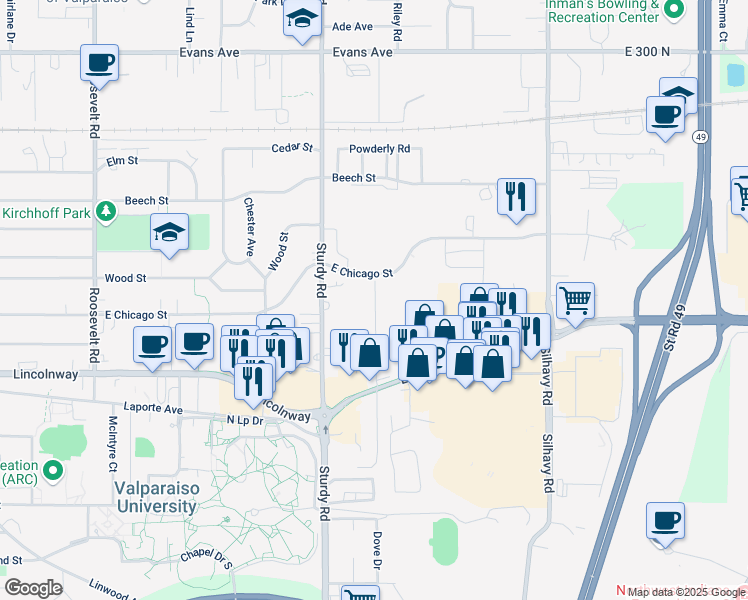 map of restaurants, bars, coffee shops, grocery stores, and more near 1-201 Mayfield Avenue in Valparaiso