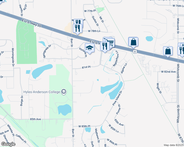 map of restaurants, bars, coffee shops, grocery stores, and more near 8167 Durbin Terrace in Crown Point