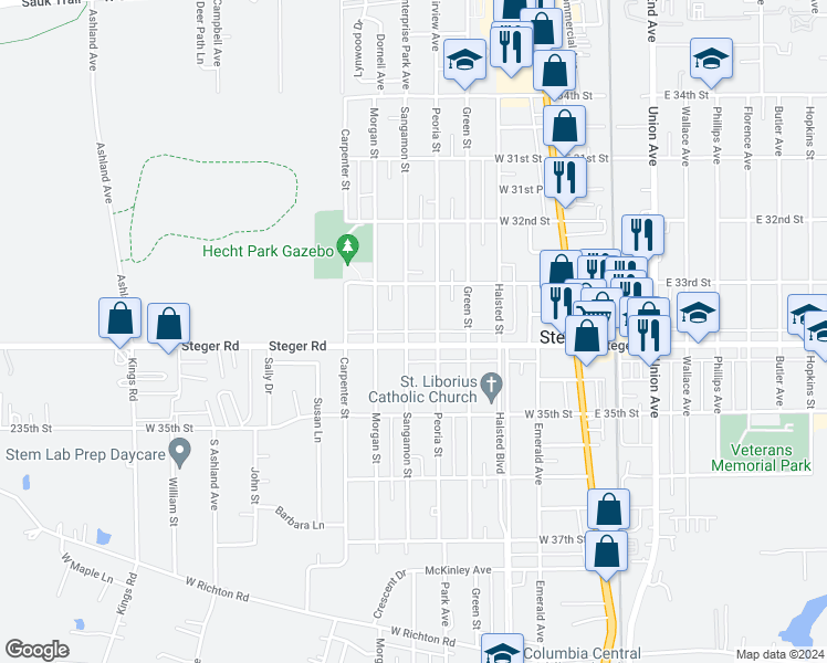 map of restaurants, bars, coffee shops, grocery stores, and more near 3319 Sangamon Street in Steger