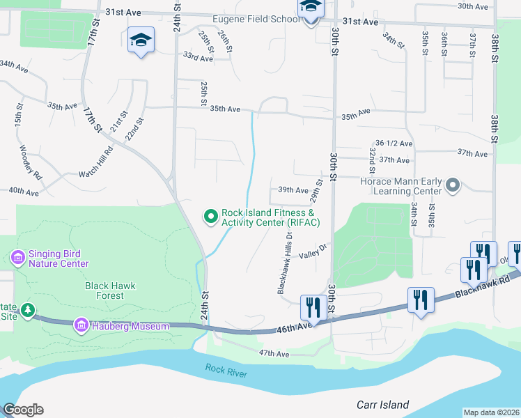 map of restaurants, bars, coffee shops, grocery stores, and more near 3916 28th Street in Rock Island