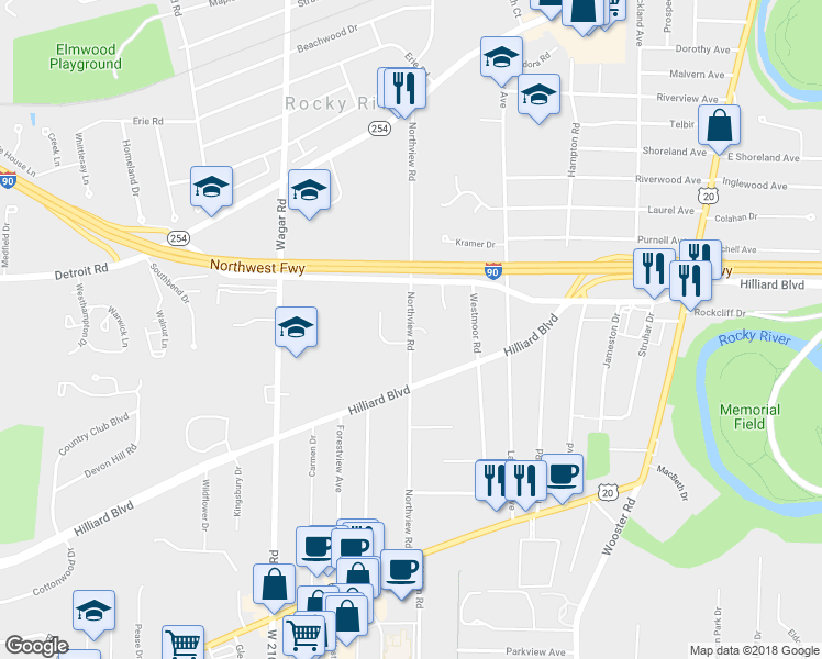 map of restaurants, bars, coffee shops, grocery stores, and more near 2157 River Place in Cleveland